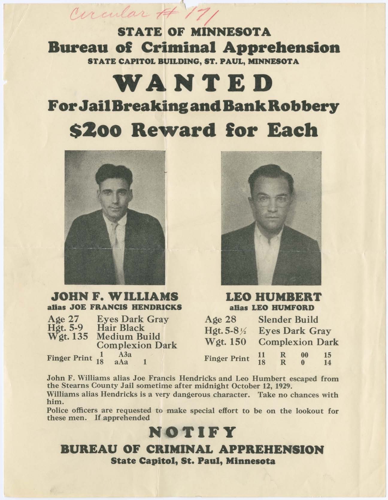 L Humbert and J Williams Wanted Poster