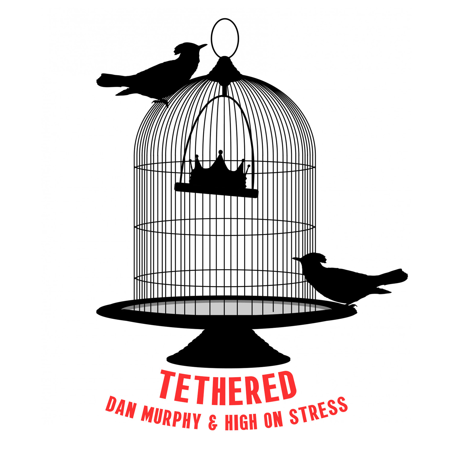A crown in a cage with two birds outside the cage