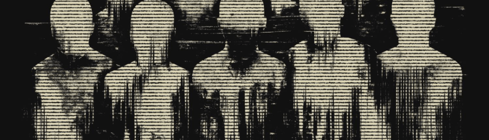 A group of faceless people, white against a black background