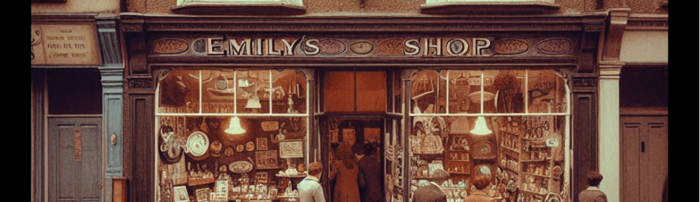 British curio shop with cars in front of it