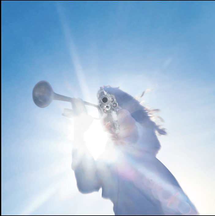A trumpet player with long hair, the sun is behind the person and they are pointing a gun at the viewer with their left hand 