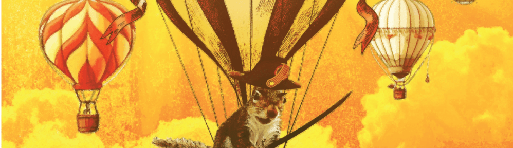 A group of hot air balloons floating over a mountain landscape - the one nearest to you has a ship as a gondola and a squirrel standing in it