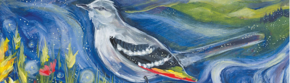 A vivid painting of a grey bird with multi-colored tipped wings against a landscape of fields, water and rolling hills.