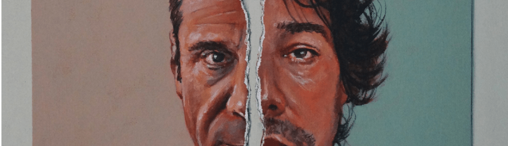 A split image - left side is a man with tight cropped hair while the right side has a man with longer hair. Both have light facial hair and are looking at the viewer