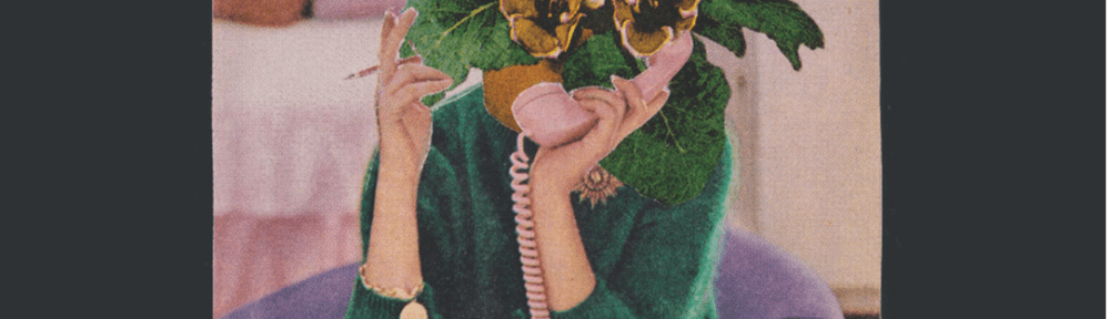 a female figure sits at a table, smoking a cigarette and talking on a vintage phone. Her face is covered by a flowering plant.