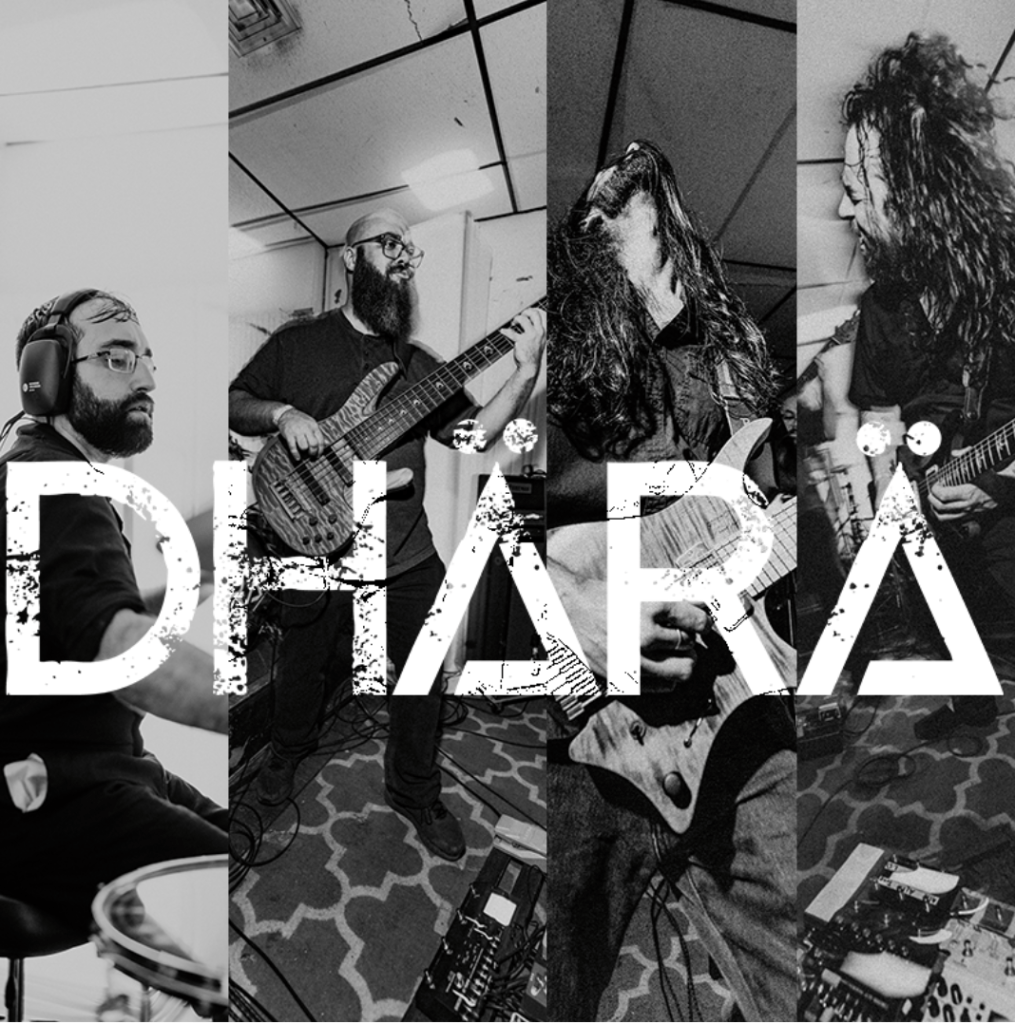 A spilt black and white image of four musicians each of whom are playing their respective instruments.