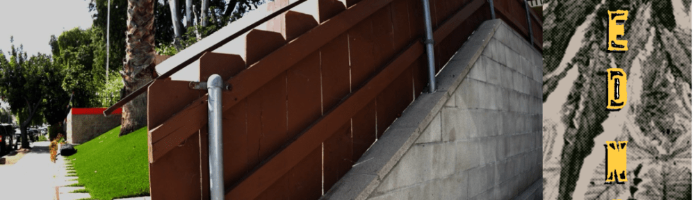 A stylized skateboarder riding a steep wooden fence line in an urban setting
