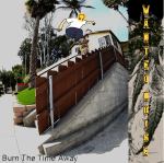 A stylized skateboarder riding a steep wooden fence line in an urban setting