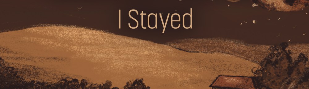 A small town train station set among rolling hills with two large planets in the sky