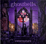 A gothic style image looking out a brick wall through a large window. Beyond is a large pile of bones, a bleeding moon and a figure dressed in black.