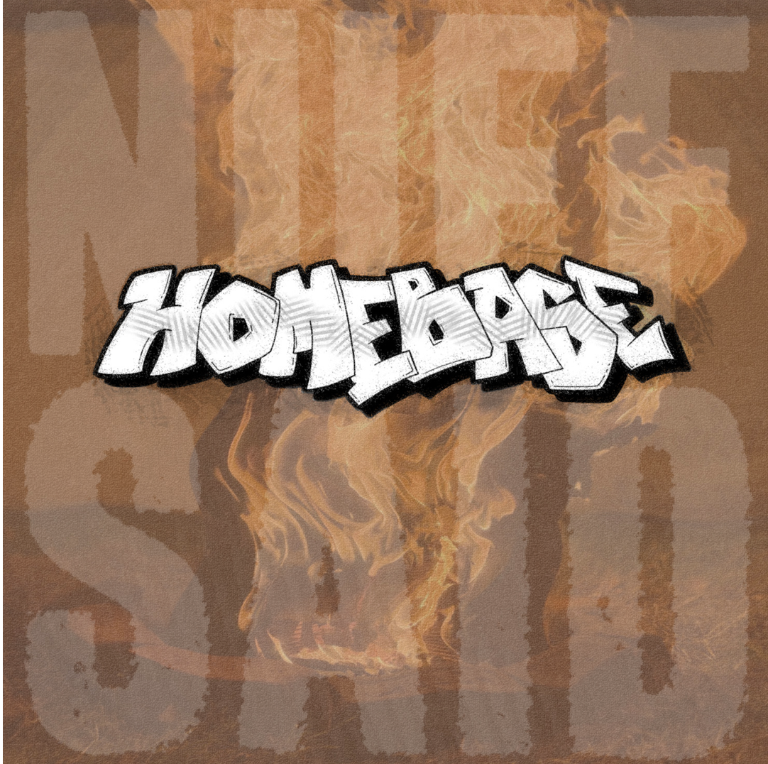 A stylized logo of the band name in front of a faded graphic of the song name accented by a faint flame image.