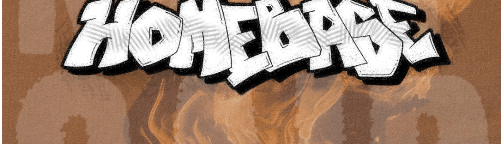 A stylized logo of the band name in front of a faded graphic of the song name accented by a faint flame image.