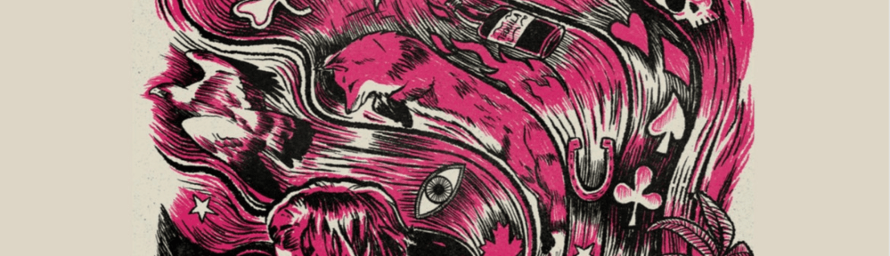 A stylized image of a woman guitar player set against a pink and black color flow that also contains images such as a horseshoe, road sign and skull.