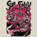 A stylized image of a woman guitar player set against a pink and black color flow that also contains images such as a horseshoe, road sign and skull.