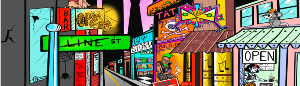 A comic book style street scene with litter strewn about and a mixture of shops and signs. The scene seems chaotic and sad although it is brightly colored.
