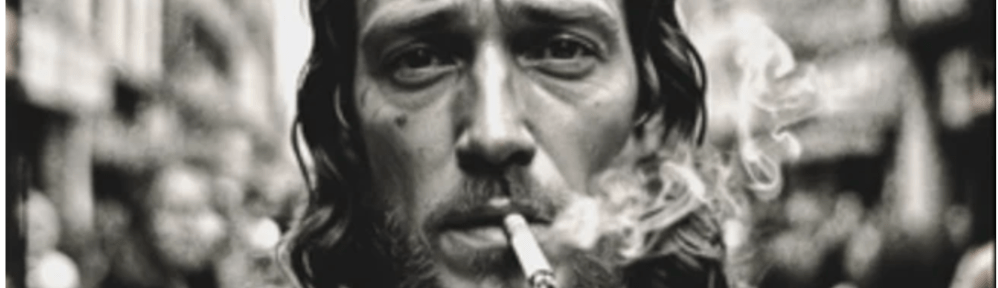 A black and white image of a man smoking a cigarette. He appears distressed and is framed against a city street in the background.