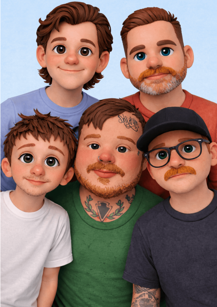 Five cartoon style images of men look out toward the viewer.  The men appear content.  