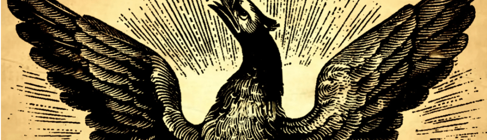 A drawing of an eagle falling into (or rising out of) a flaming nest