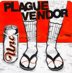A drawing of the lower half of a pair of uncovered legs. The feet are wearing tube socks which are stuffed into flip flops. A canned beverage sits to the left hand side of the feet.
