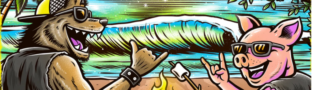 A brightly colored drawing of a beach scene with a pig and a wolf roasting marshmallows at a campfire.