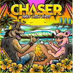 A brightly colored drawing of a beach scene with a pig and a wolf roasting marshmallows at a campfire.