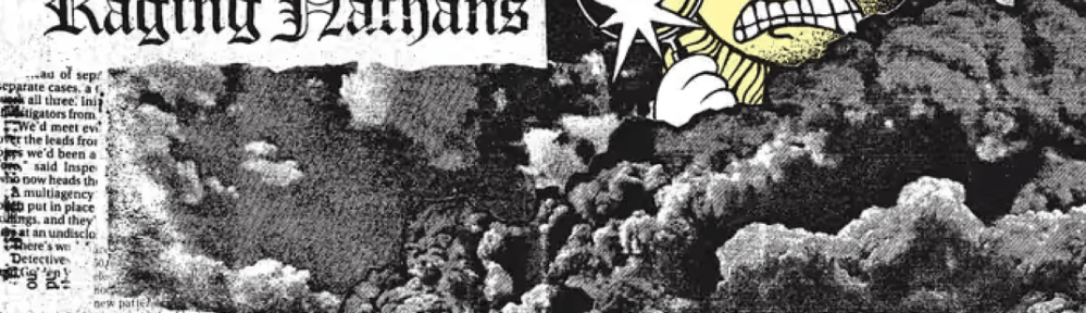 An angry sun peeks out from behind billowing smoke while holding a magnifying glass. Below a city burns.