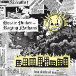 An angry sun peeks out from behind billowing smoke while holding a magnifying glass. Below a city burns.