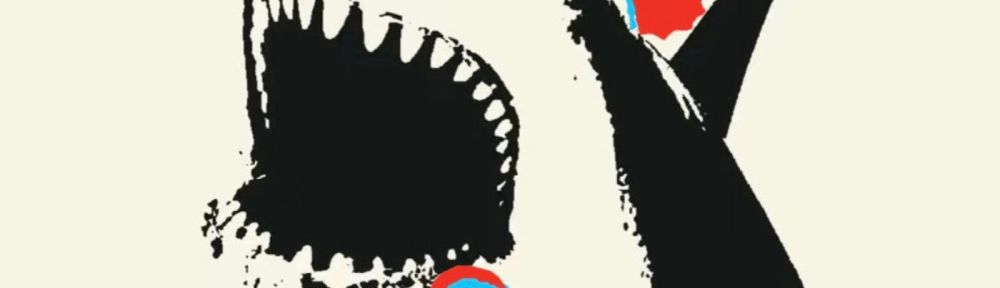 An image of a breaching shark with its mouth open in the background. A smaller image of four men appears in the foreground.
